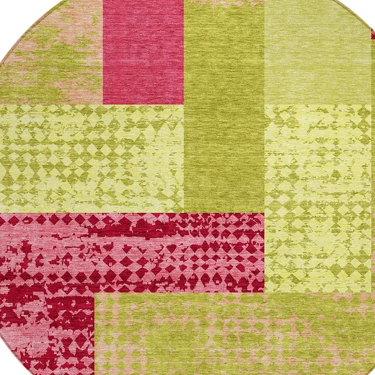 8' Lime Green And Pink Round Geometric Washable Indoor Outdoor Area Rug