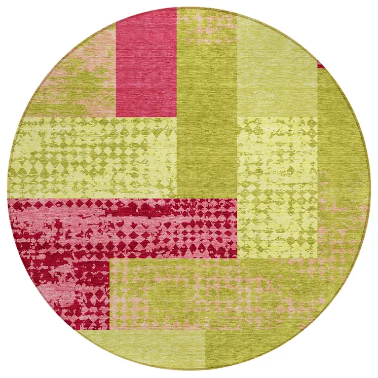 8' Lime Green And Pink Round Geometric Washable Indoor Outdoor Area Rug