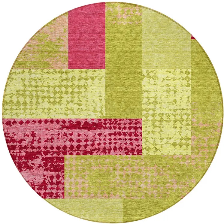 8' Lime Green And Pink Round Geometric Washable Indoor Outdoor Area Rug
