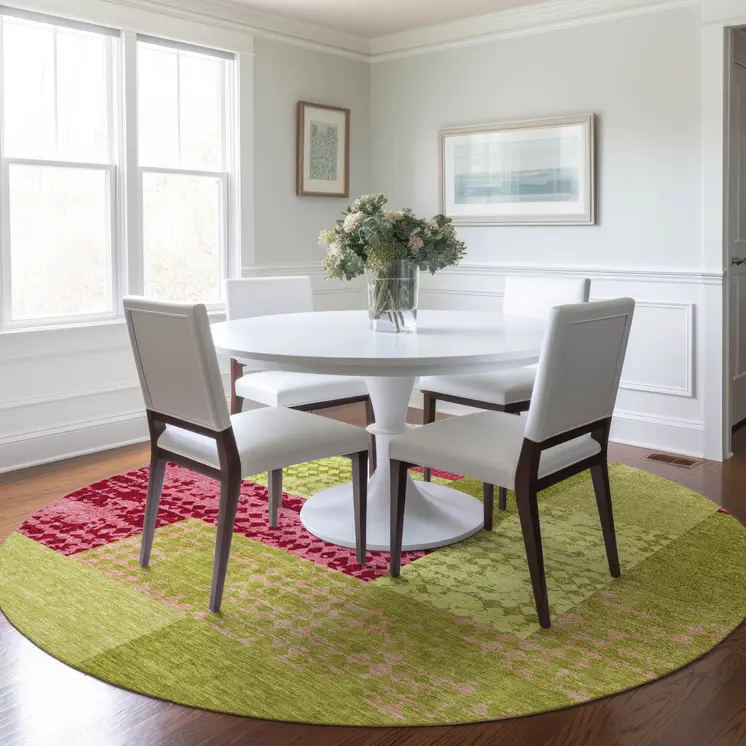 8' Lime Green And Pink Round Geometric Washable Indoor Outdoor Area Rug