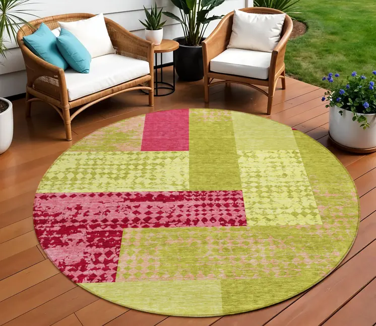 8' Lime Green And Pink Round Geometric Washable Indoor Outdoor Area Rug