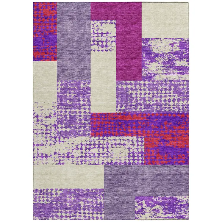 3' X 5' Lavender Ivory And Red Geometric Washable Indoor Outdoor Area Rug