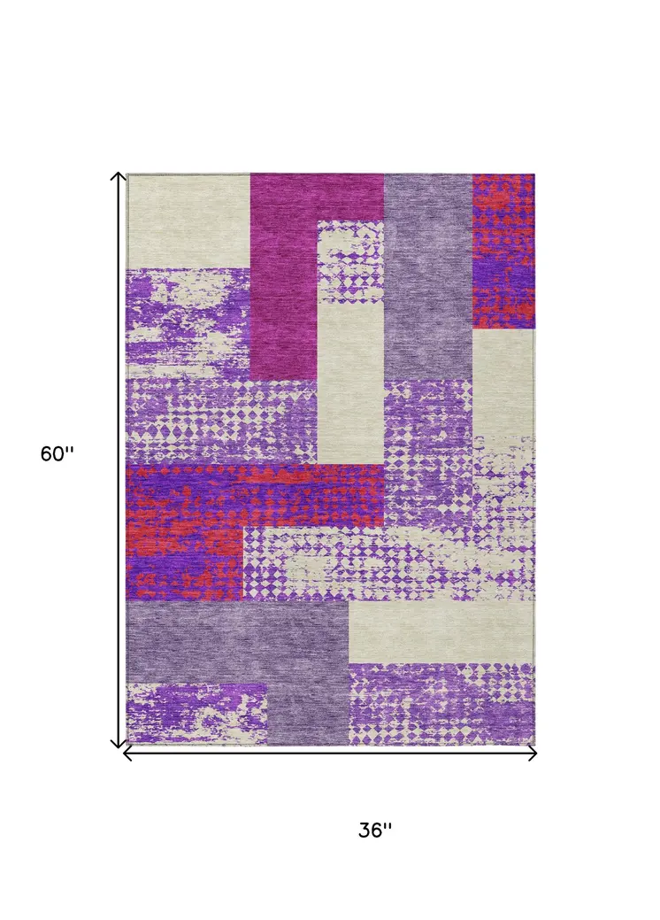 3' X 5' Lavender Ivory And Red Geometric Washable Indoor Outdoor Area Rug