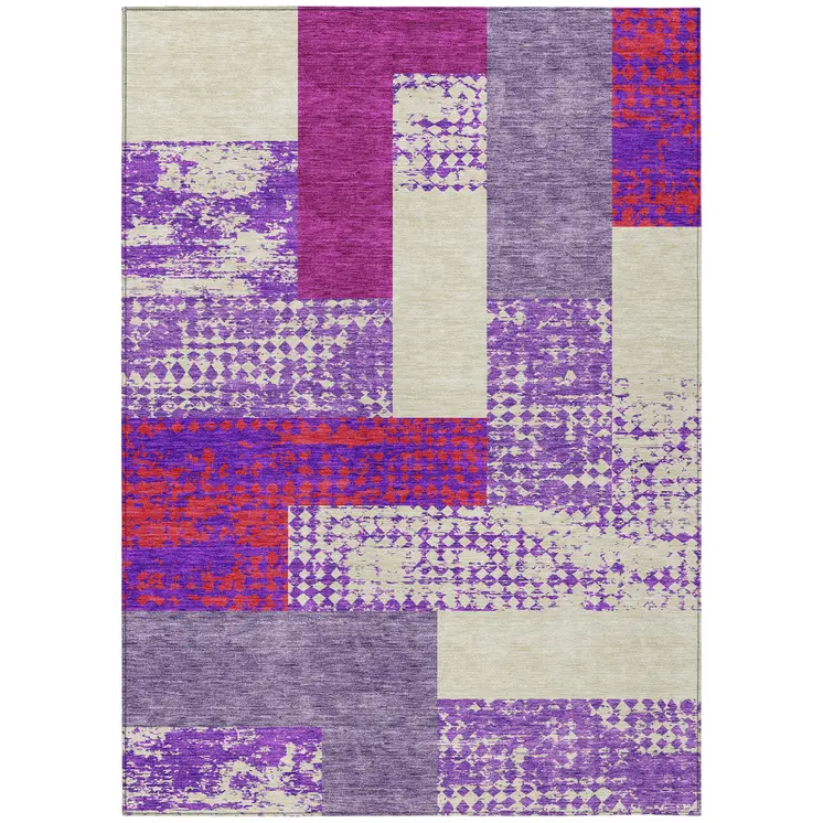 3' X 5' Lavender Ivory And Red Geometric Washable Indoor Outdoor Area Rug