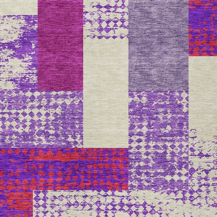 3' X 5' Lavender Ivory And Red Geometric Washable Indoor Outdoor Area Rug