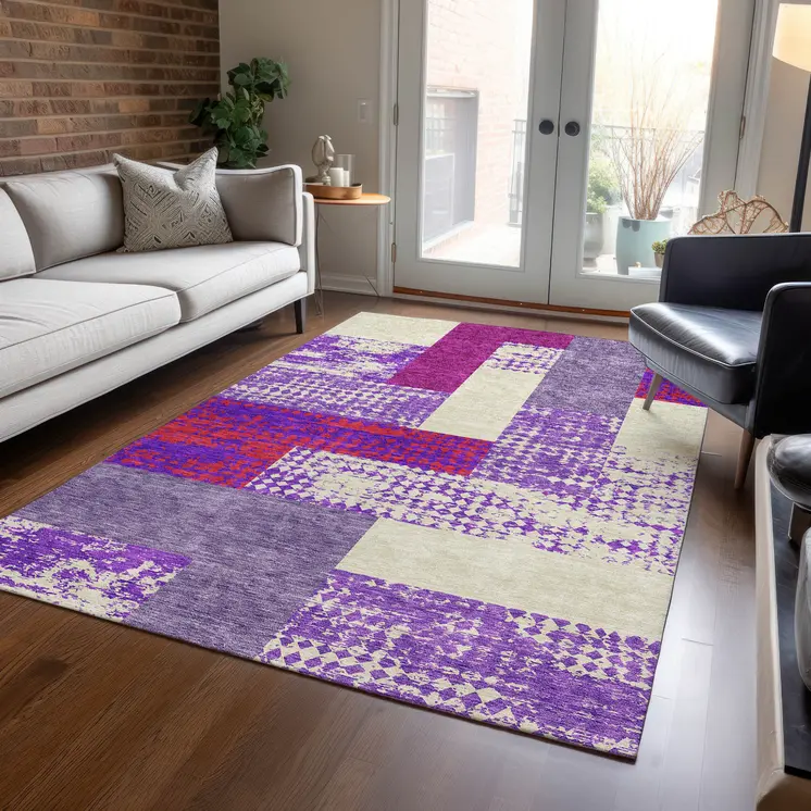 3' X 5' Lavender Ivory And Red Geometric Washable Indoor Outdoor Area Rug