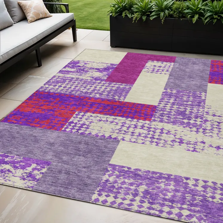 5' X 8' Lavender Ivory And Red Geometric Washable Indoor Outdoor Area Rug