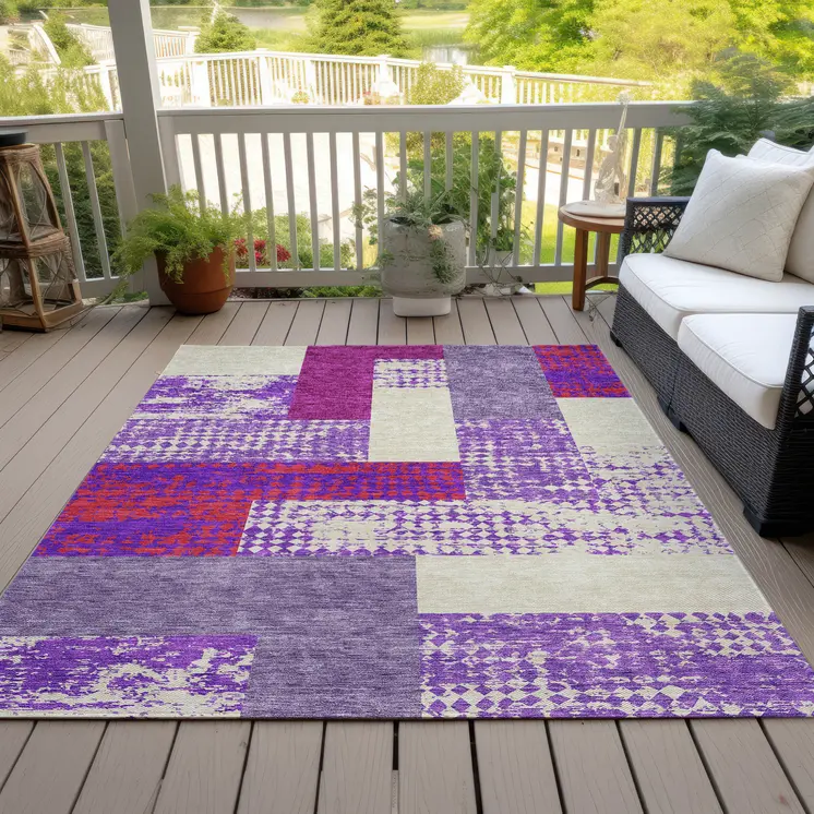 5' X 8' Lavender Ivory And Red Geometric Washable Indoor Outdoor Area Rug