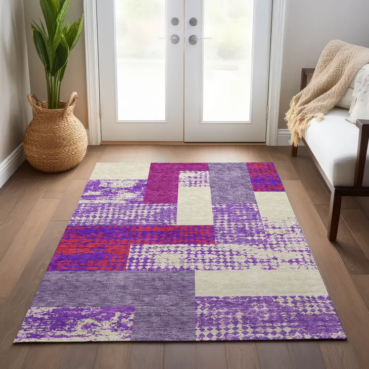 5' X 8' Lavender Ivory And Red Geometric Washable Indoor Outdoor Area Rug