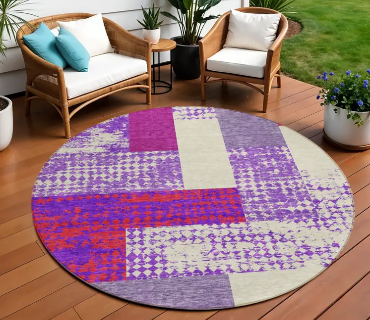 8' Lavender Ivory And Red Round Geometric Washable Indoor Outdoor Area Rug