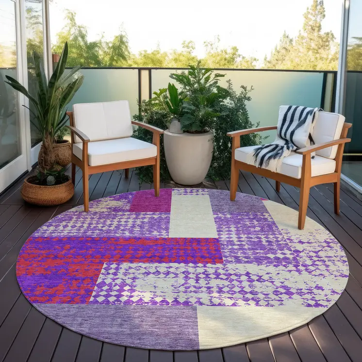 8' Lavender Ivory And Red Round Geometric Washable Indoor Outdoor Area Rug