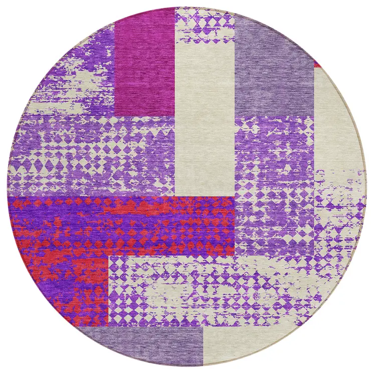 8' Lavender Ivory And Red Round Geometric Washable Indoor Outdoor Area Rug