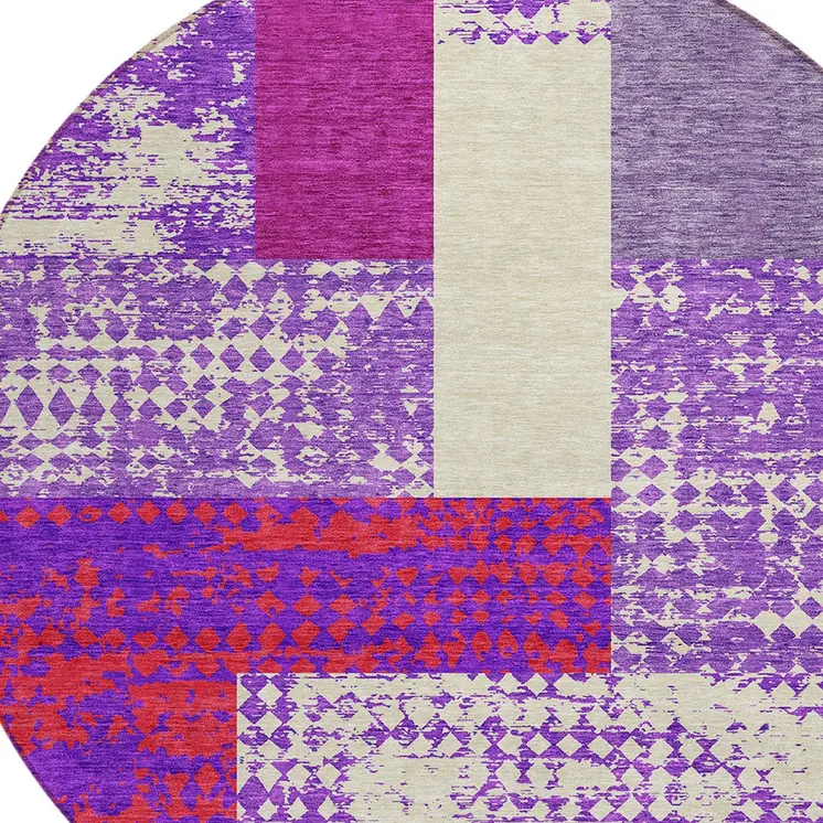 8' Lavender Ivory And Red Round Geometric Washable Indoor Outdoor Area Rug