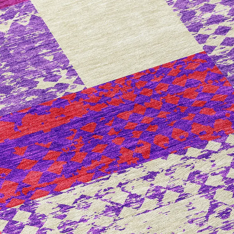 8' Lavender Ivory And Red Round Geometric Washable Indoor Outdoor Area Rug