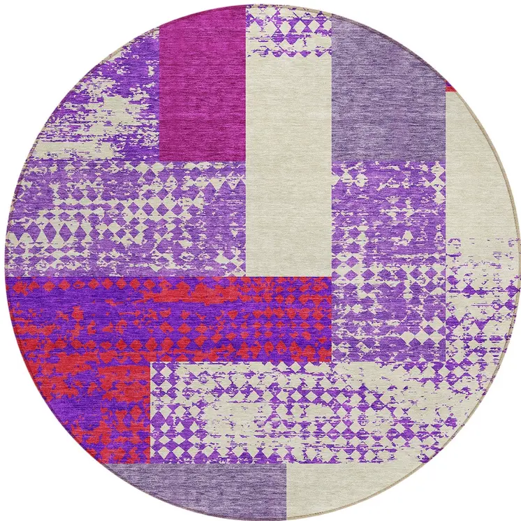 8' Lavender Ivory And Red Round Geometric Washable Indoor Outdoor Area Rug