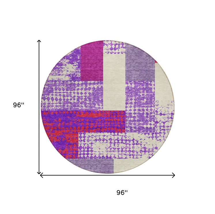 8' Lavender Ivory And Red Round Geometric Washable Indoor Outdoor Area Rug