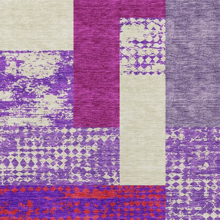 8' X 10' Lavender Ivory And Red Geometric Washable Indoor Outdoor Area Rug