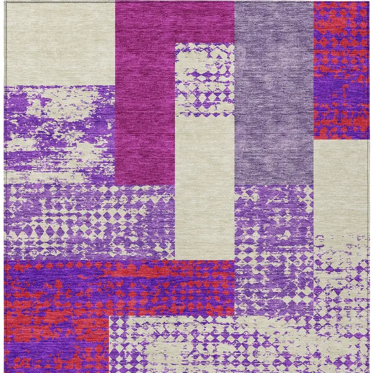 9' X 12' Lavender Ivory And Red Geometric Washable Indoor Outdoor Area Rug