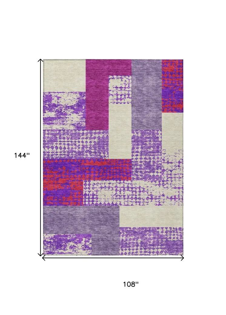 9' X 12' Lavender Ivory And Red Geometric Washable Indoor Outdoor Area Rug