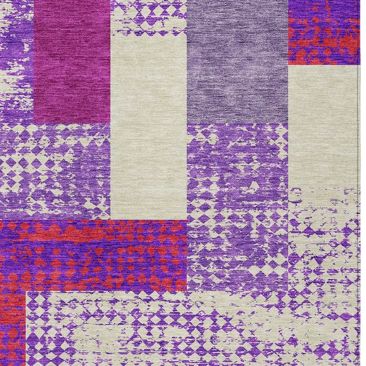 9' X 12' Lavender Ivory And Red Geometric Washable Indoor Outdoor Area Rug
