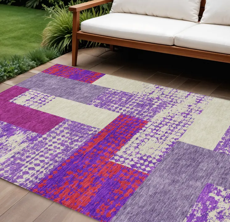 10' X 14' Lavender Ivory And Red Geometric Washable Indoor Outdoor Area Rug
