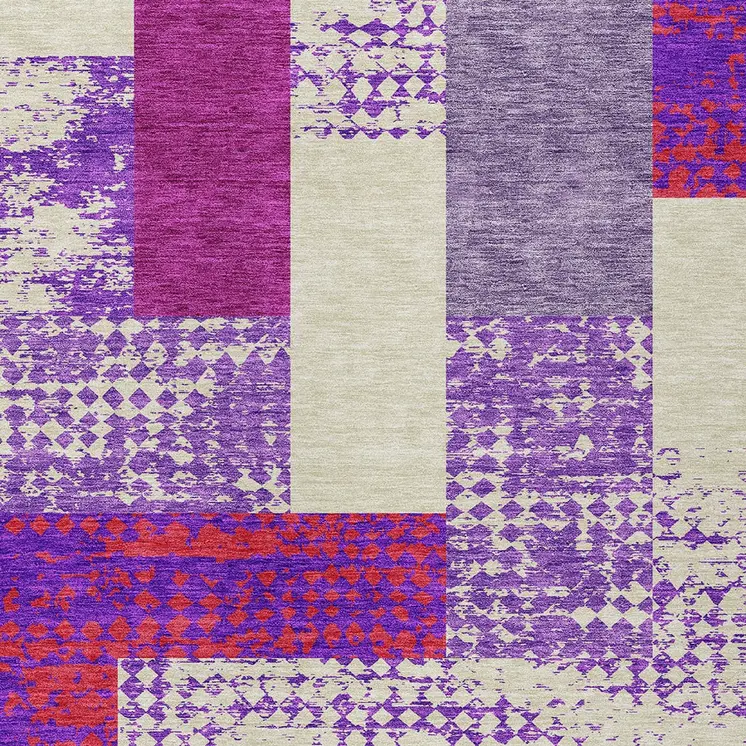 10' X 14' Lavender Ivory And Red Geometric Washable Indoor Outdoor Area Rug