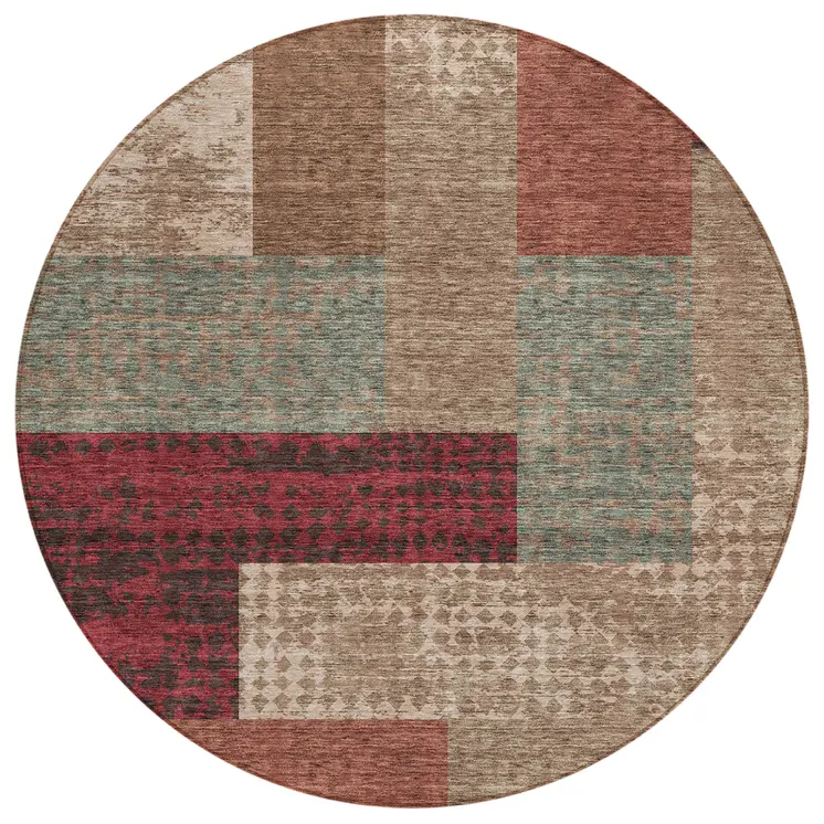 8' Brown And Terra Cotta Round Geometric Washable Indoor Outdoor Area Rug