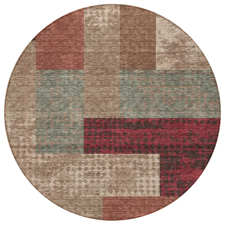 8' Brown And Terra Cotta Round Geometric Washable Indoor Outdoor Area Rug