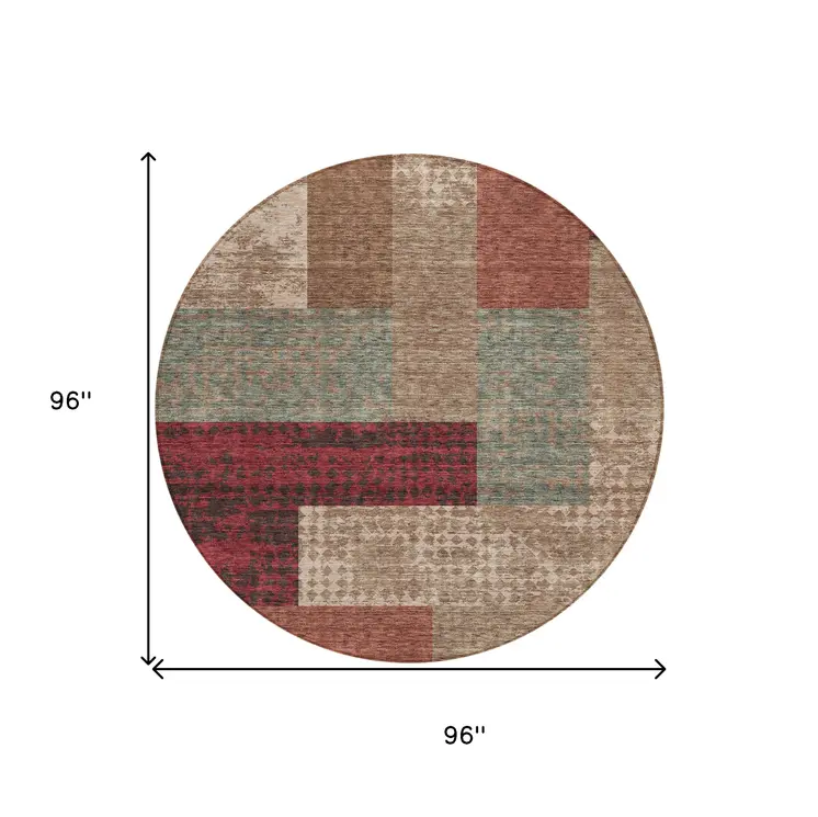 8' Brown And Terra Cotta Round Geometric Washable Indoor Outdoor Area Rug