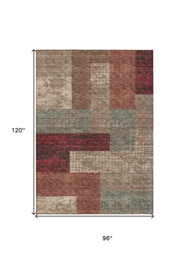 8' X 10' Brown And Terra Cotta Geometric Washable Indoor Outdoor Area Rug