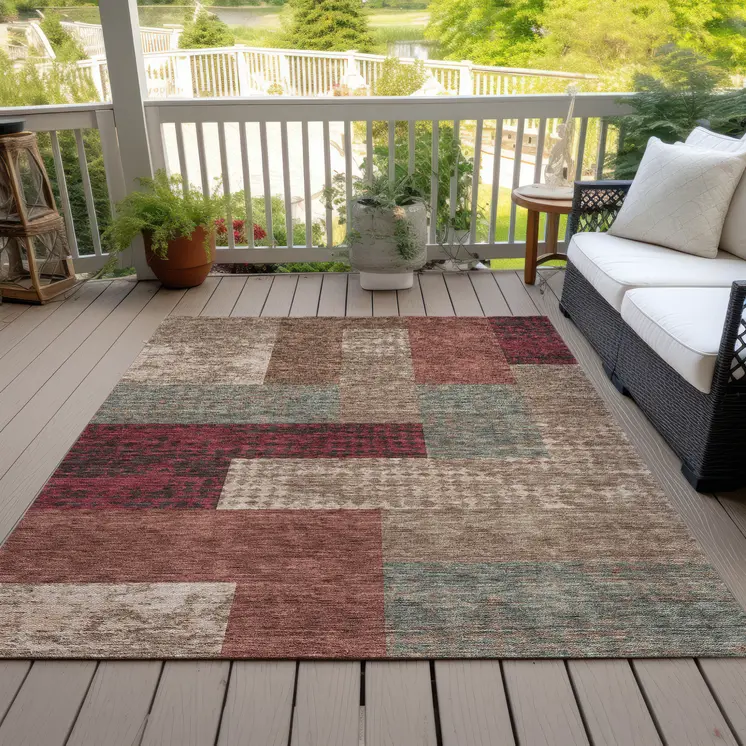 8' X 10' Brown And Terra Cotta Geometric Washable Indoor Outdoor Area Rug