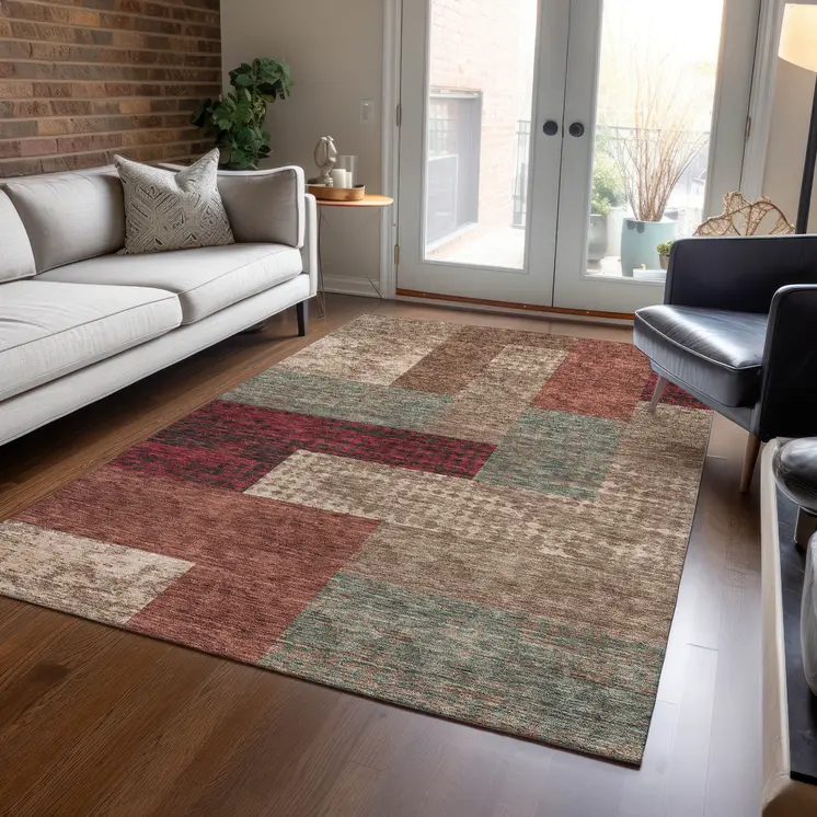 8' X 10' Brown And Terra Cotta Geometric Washable Indoor Outdoor Area Rug