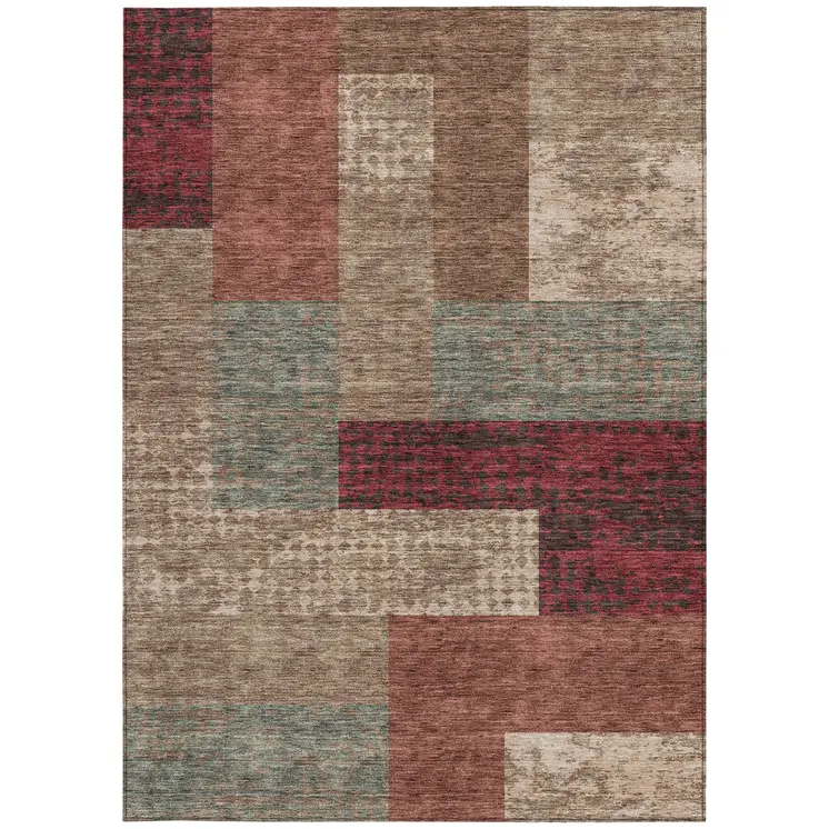 9' X 12' Brown And Terra Cotta Geometric Washable Indoor Outdoor Area Rug