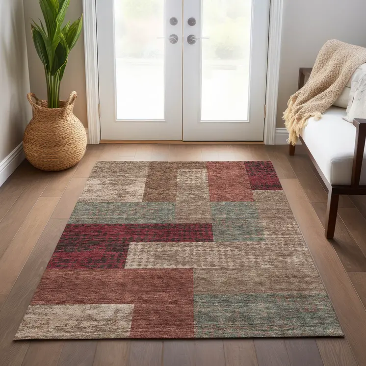 9' X 12' Brown And Terra Cotta Geometric Washable Indoor Outdoor Area Rug