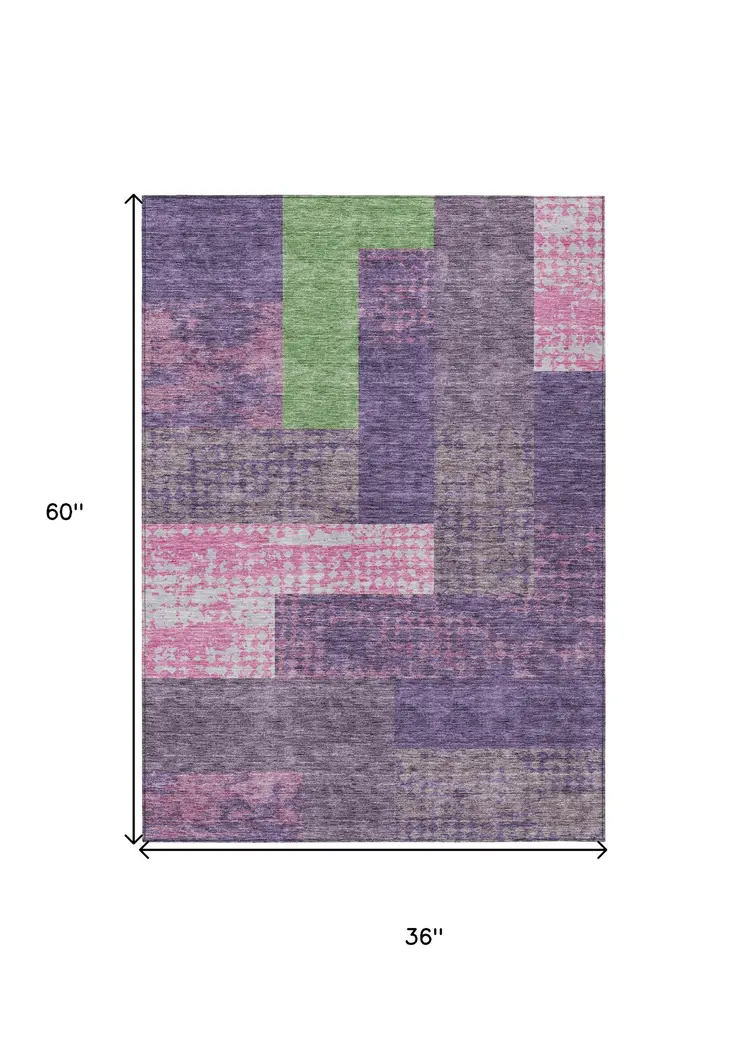 3' X 5' Purple Green And Pink Geometric Washable Indoor Outdoor Area Rug