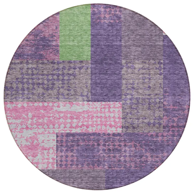 8' Purple Green And Pink Round Geometric Washable Indoor Outdoor Area Rug