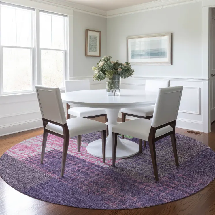 8' Purple Green And Pink Round Geometric Washable Indoor Outdoor Area Rug