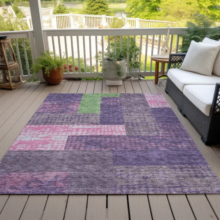 8' X 10' Purple Green And Pink Geometric Washable Indoor Outdoor Area Rug