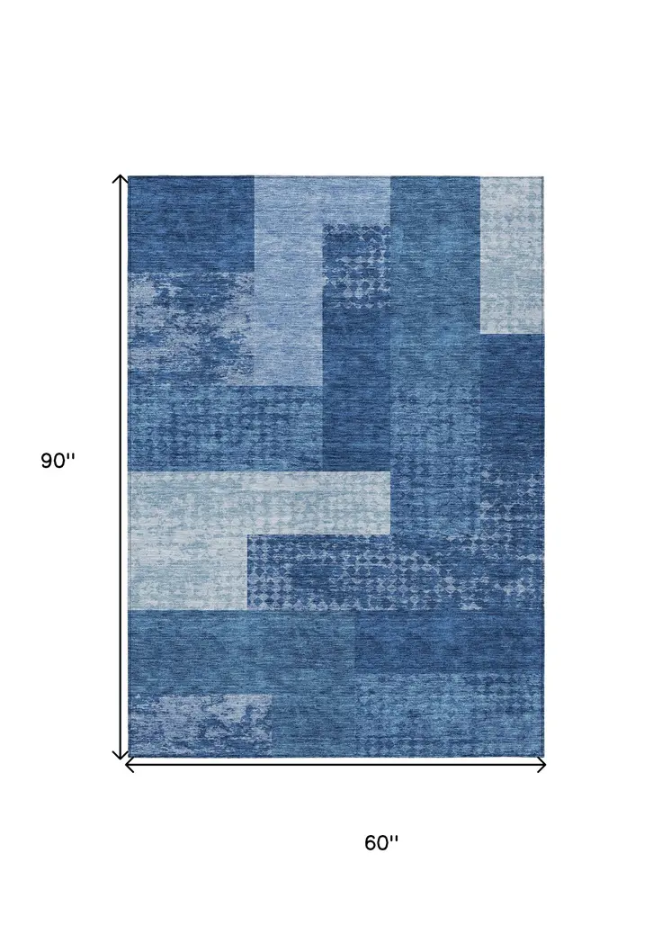 5' X 8' Navy Blue And Sky Blue Geometric Washable Indoor Outdoor Area Rug