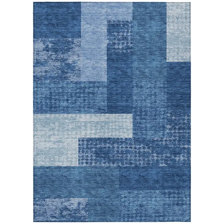 5' X 8' Navy Blue And Sky Blue Geometric Washable Indoor Outdoor Area Rug