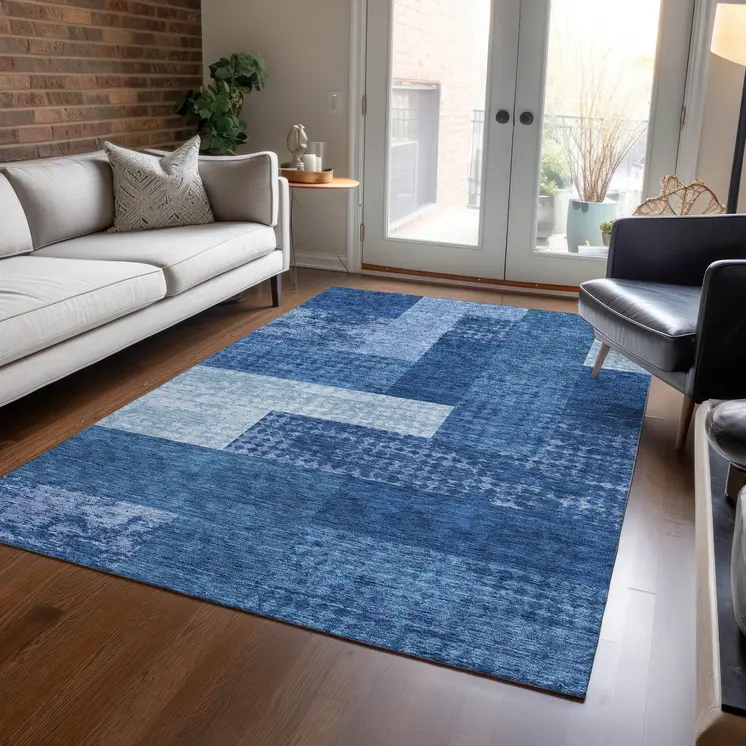 5' X 8' Navy Blue And Sky Blue Geometric Washable Indoor Outdoor Area Rug