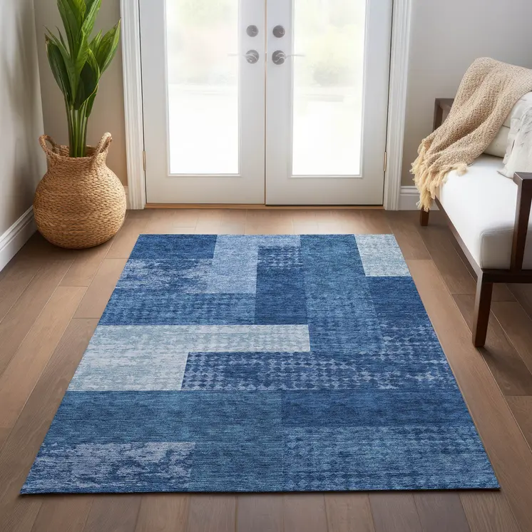5' X 8' Navy Blue And Sky Blue Geometric Washable Indoor Outdoor Area Rug