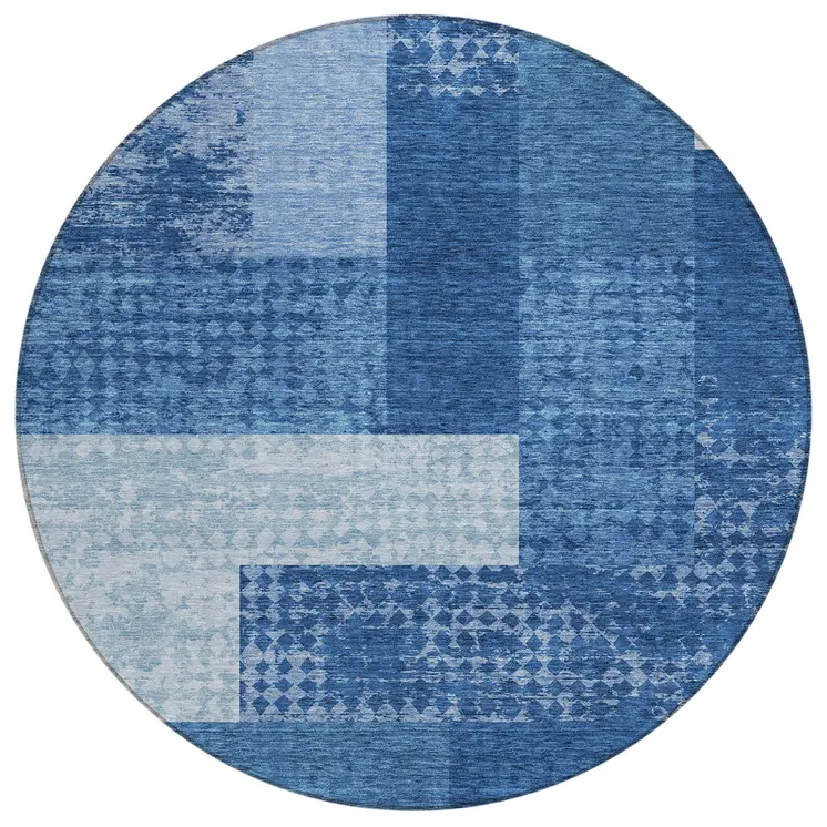 8' Navy Blue And Sky Blue Round Geometric Washable Indoor Outdoor Area Rug