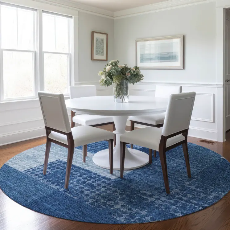 8' Navy Blue And Sky Blue Round Geometric Washable Indoor Outdoor Area Rug