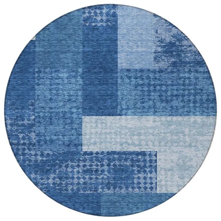 8' Navy Blue And Sky Blue Round Geometric Washable Indoor Outdoor Area Rug