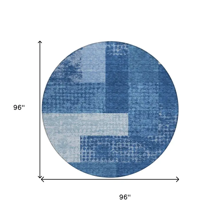 8' Navy Blue And Sky Blue Round Geometric Washable Indoor Outdoor Area Rug