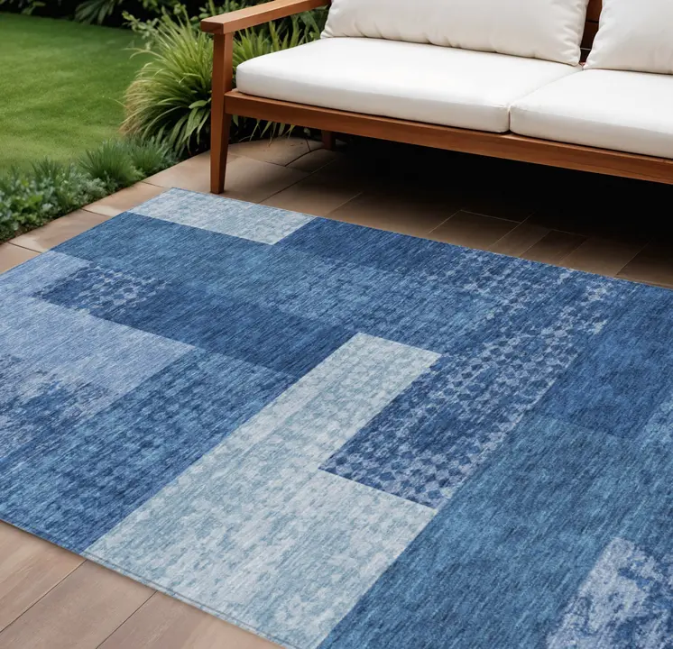 9' X 12' Navy Blue And Sky Blue Geometric Washable Indoor Outdoor Area Rug