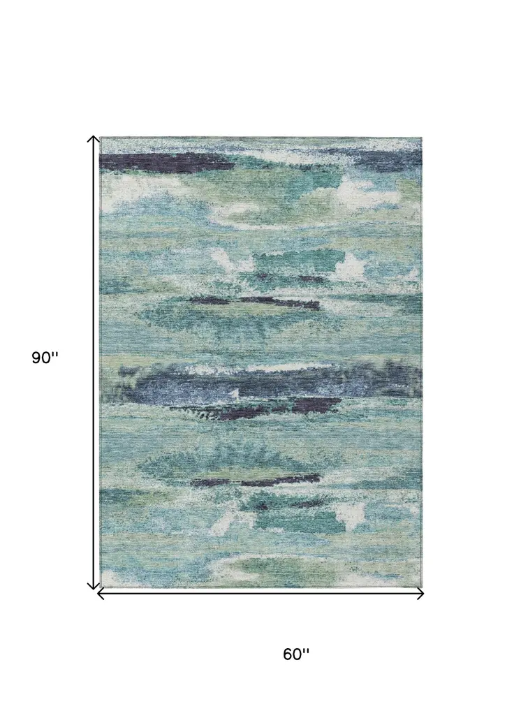5' X 8' Sage Teal Blue And Navy Blue Abstract Washable Indoor Outdoor Area Rug