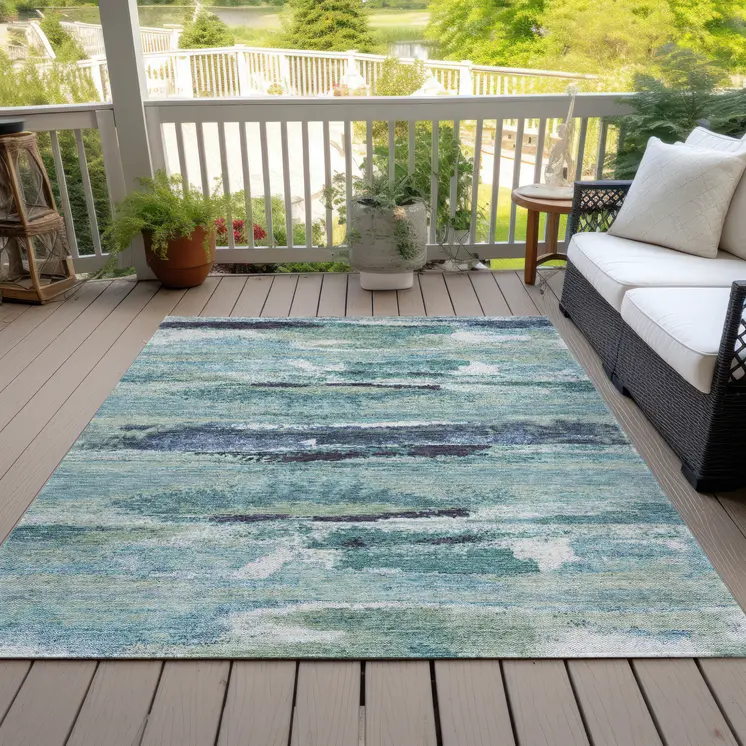 5' X 8' Sage Teal Blue And Navy Blue Abstract Washable Indoor Outdoor Area Rug