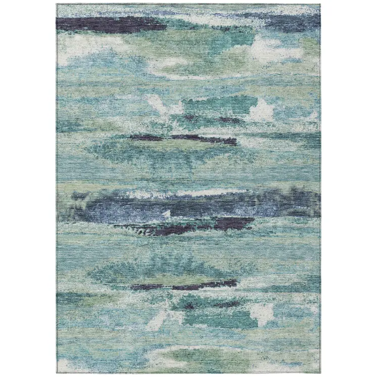 5' X 8' Sage Teal Blue And Navy Blue Abstract Washable Indoor Outdoor Area Rug